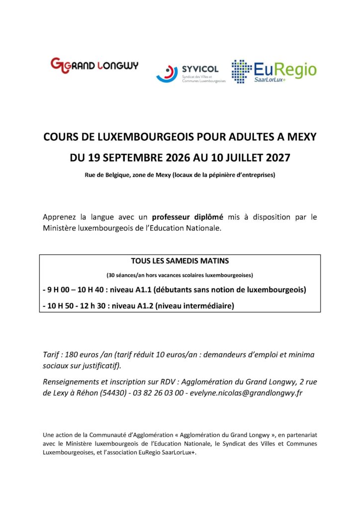 COURS DE LUXEMBOURGEOIS POUR ADULTES A MEXY DU 19 SEPTEMBRE 2026 AU 10 JUILLET 2027
